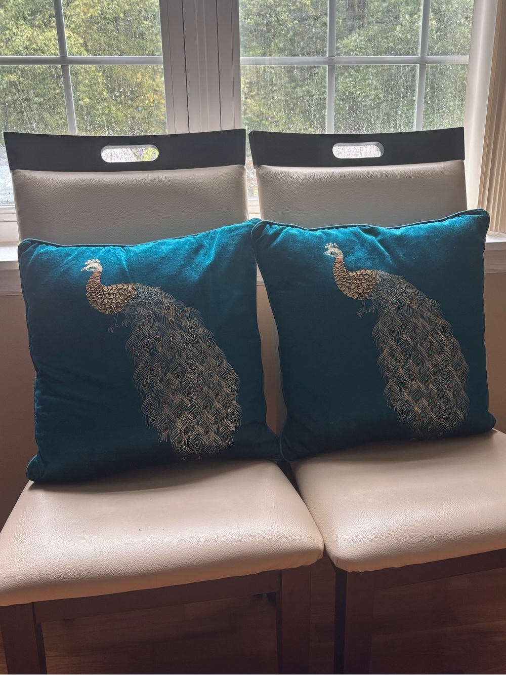 Teal Velvet Accent Pillow with Gold Beaded Embroidered Peacock